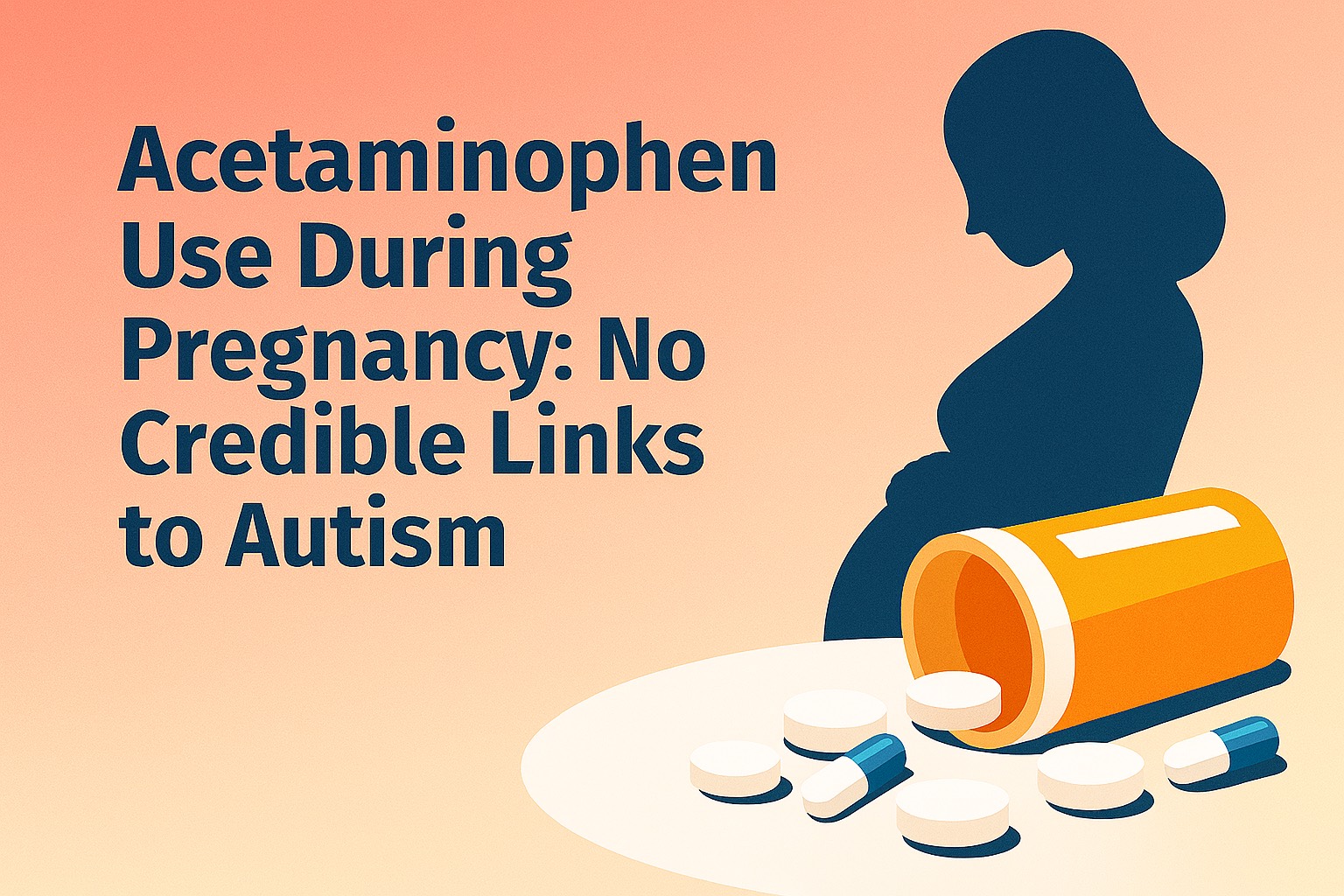 Article header for ‘Acetaminophen Use During Pregnancy: No Credible Links to Autism’ depicting a pregnant woman silhouette beside a tipped pill bottle spilling acetaminophen tablets and capsules on a coral-to-peach gradient background