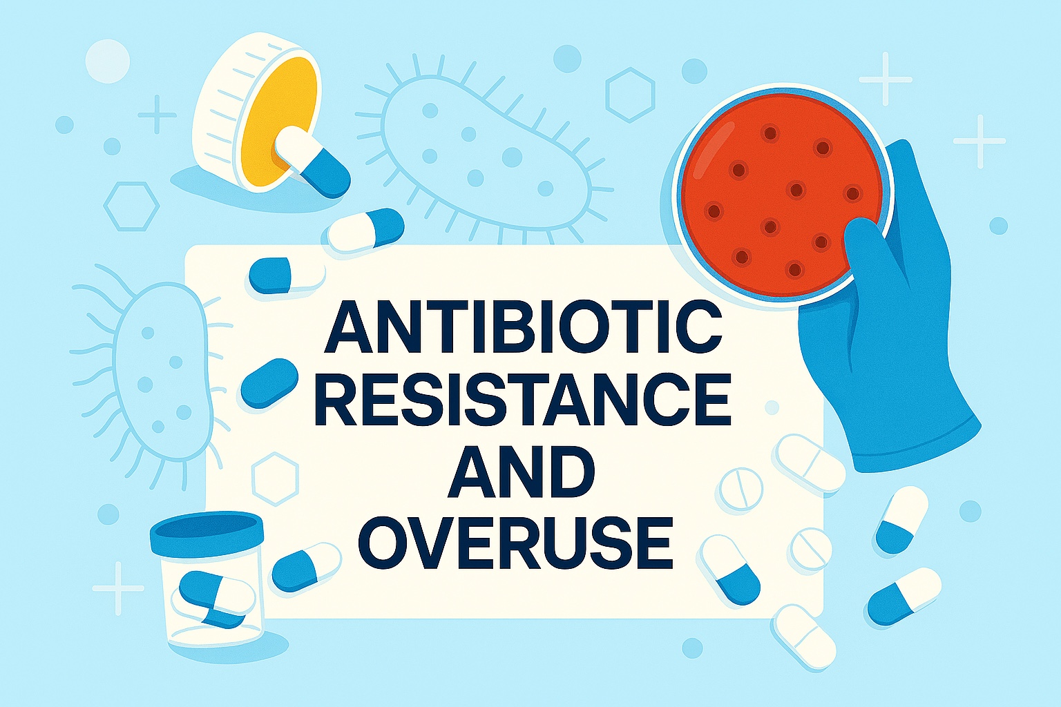 Illustrated blog header showing an open prescription bottle spilling blue-and-white capsules, a gloved hand holding a Petri dish with bacterial colonies, and bold text reading “Antibiotic Resistance and Overuse” on a light blue background with stylized microbes and medical icons; optimized for public health, antimicrobial resistance, and antibiotic overuse awareness.