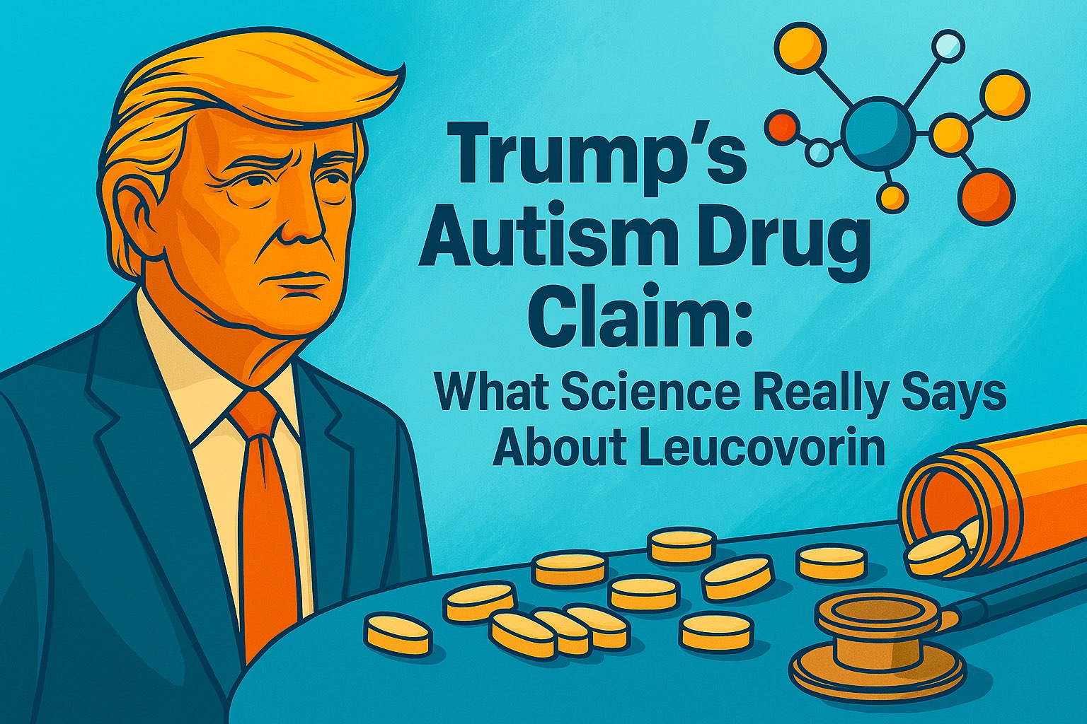 "Illustration of Donald Trump with headline on leucovorin autism claim, molecule graphic, pill bottle, and stethoscope.