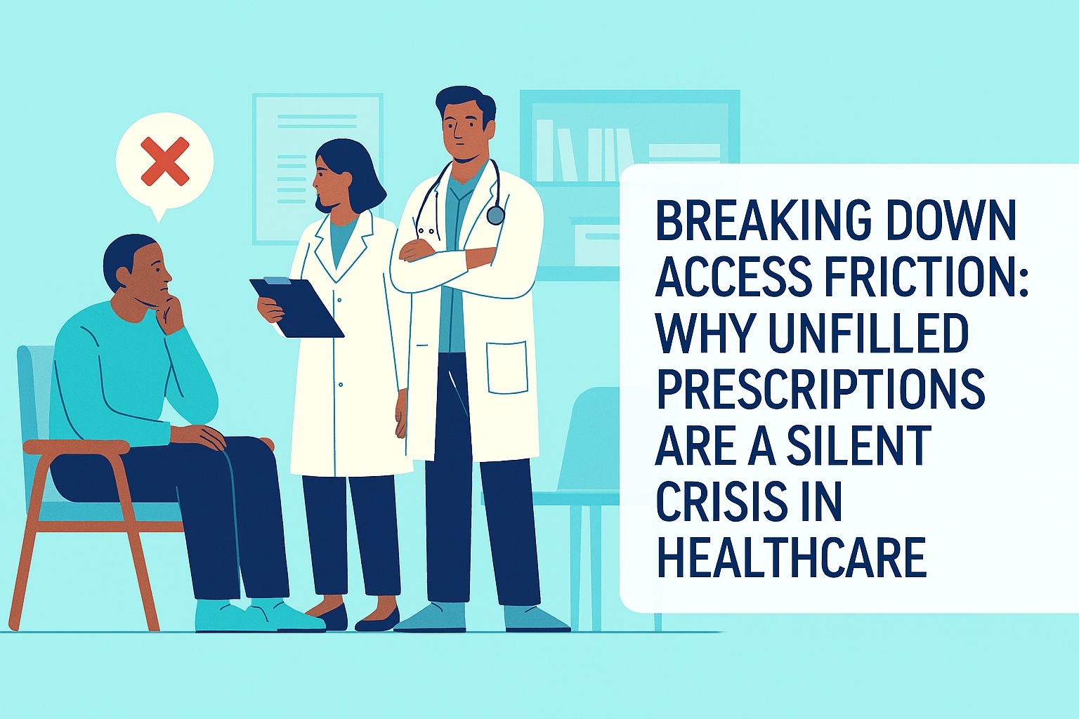 Illustration of a patient waiting with healthcare providers, highlighting access barriers such as unfilled prescriptions, prior authorization delays, and high drug costs, with article title text on a clear semi‑transparent banner.