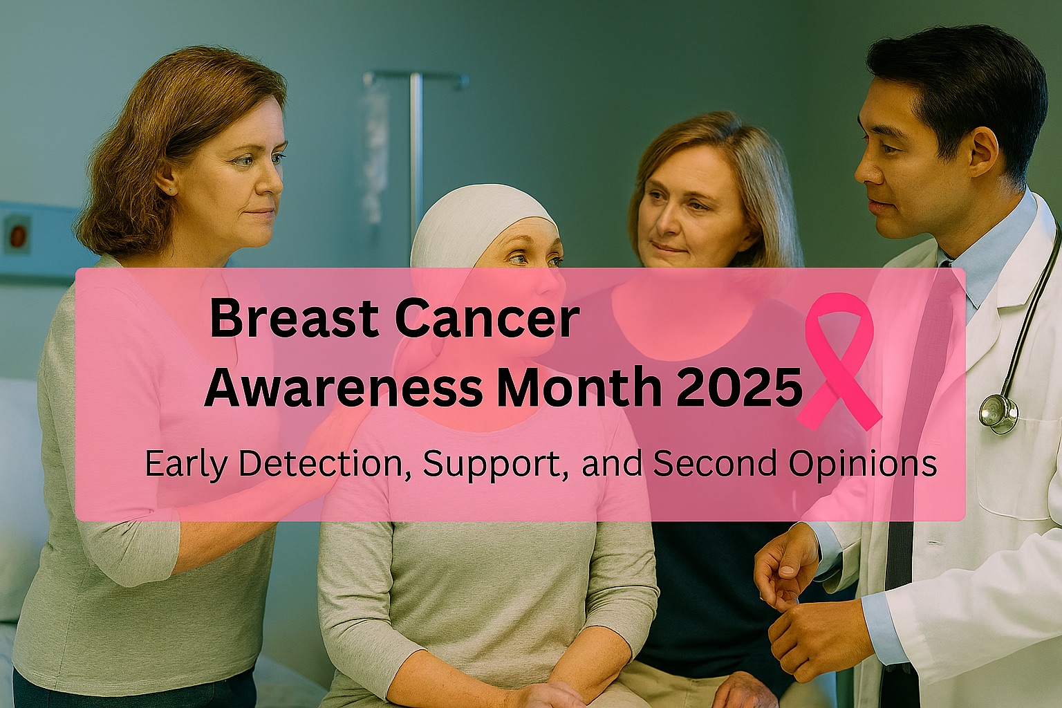 Hospital setting with a woman undergoing breast cancer treatment seated in the center, wearing a white headscarf and gray shirt. She is supported by family members and a doctor in a white coat with a stethoscope. A semi‑transparent pink banner across the lower third displays the text ‘Breast Cancer Awareness Month 2025: Early Detection, Support, and Second Opinions’ alongside a pink ribbon symbol