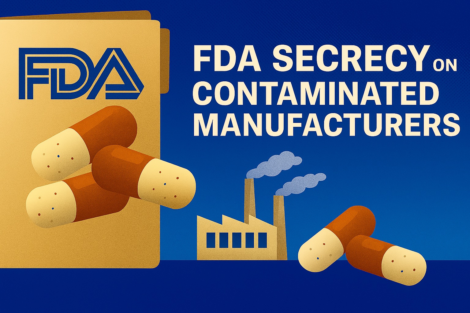 "FDA Secrecy on Contaminated Pharmacies" against a textured blue halftone background; left shows a beige manila folder stamped with an FDA logo and three orange-and-off-white capsules in foreground, composition balanced for clear readability and high contrast.