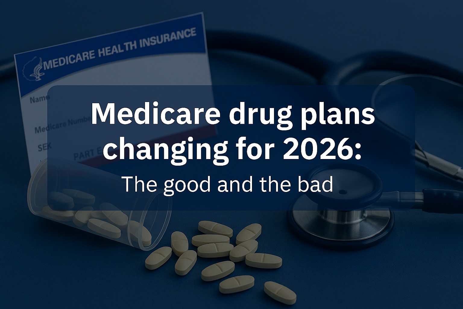 Professional blog header image showing a blue Medicare card, a stethoscope, and scattered beige pills on a dark blue surface. Centered across the top half is a semi-transparent dark blue overlay with bold white text reading ‘Medicare drug plans changing for 2026: The good and the bad.’ The composition conveys trust and clarity, with no visual elements obstructing the text.