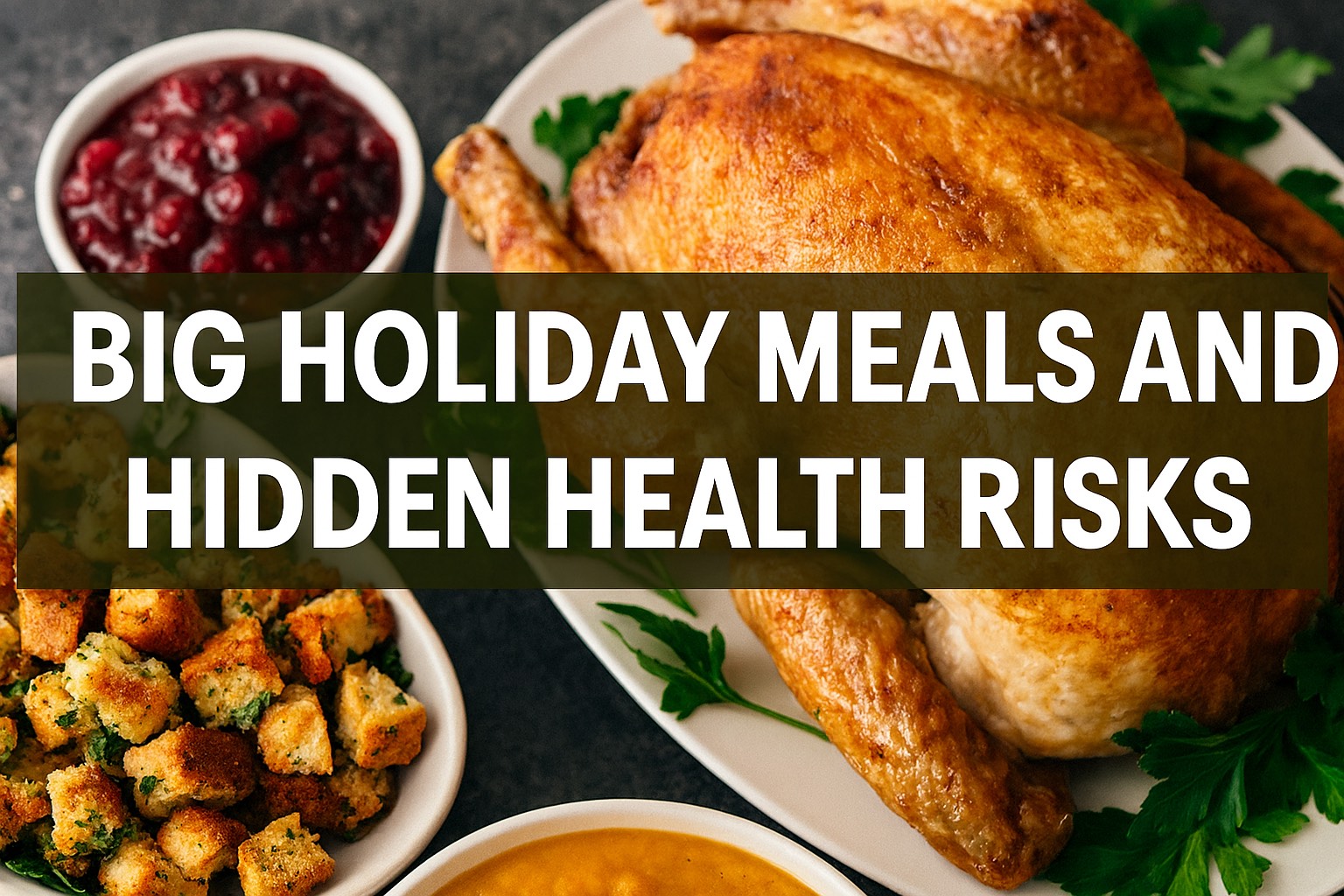 Header image (1536×1024) showing a warm, festive holiday dinner spread—roast turkey on a platter, mashed potatoes, stuffing, cranberry sauce, pumpkin pie, and a wine glass—set against a dark textured table. A semi‑transparent dark olive banner is centered with bold white title text BIG HOLIDAY MEALS AND HIDDEN HEALTH RISKS; a subtle heart‑monitor line overlays the background. All food elements are positioned away from the banner so the title remains fully readable. Style: clean, professional, slightly painterly.