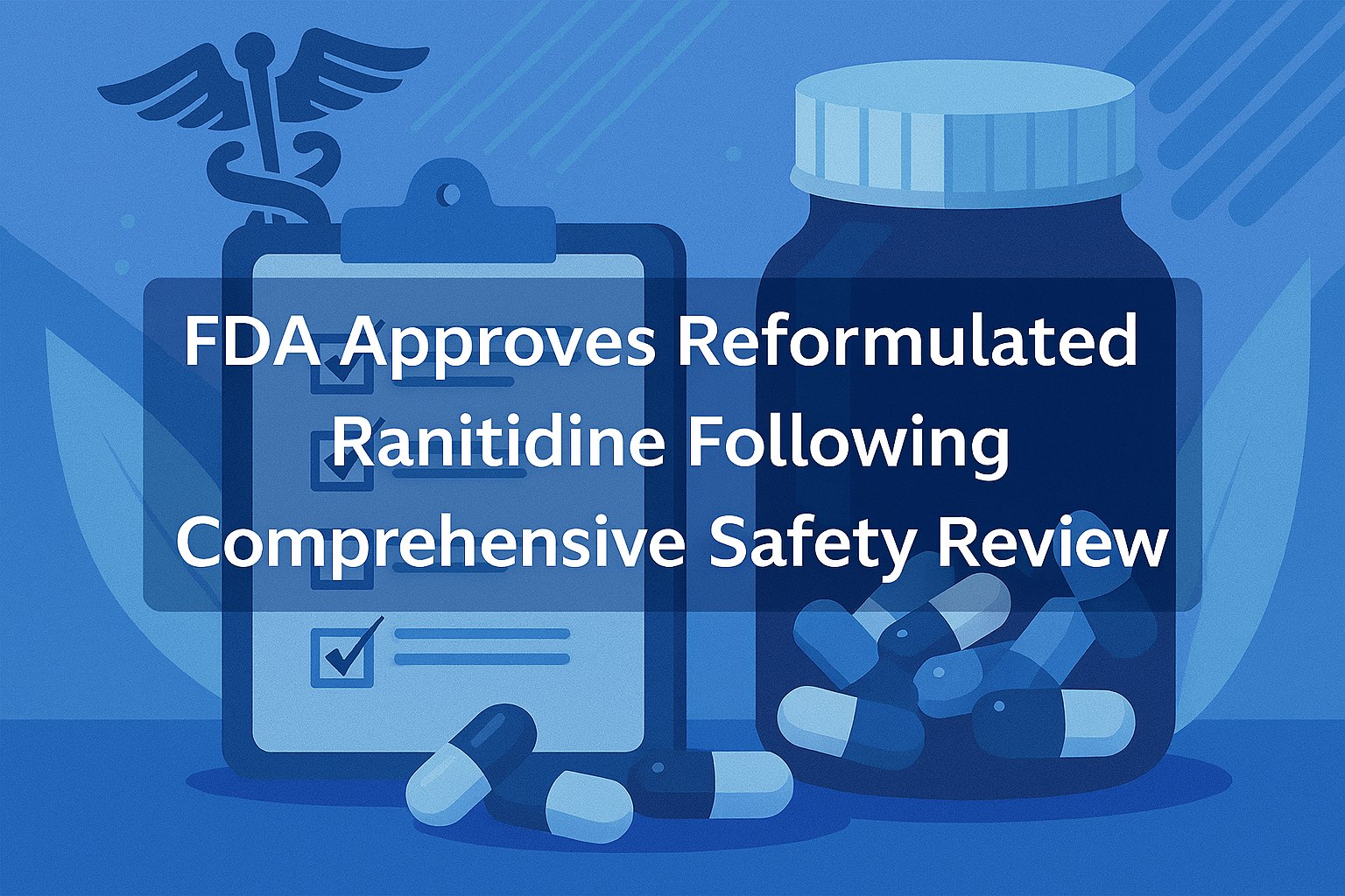 A professional medical header showing the headline “FDA Approves Reformulated Ranitidine Following Comprehensive Safety Review” in large white sans‑serif type on a semi‑transparent dark blue backer; background features subtle molecular lines, simplified lab glassware silhouettes, and a soft grid texture in navy, teal, and gray to convey a clinical, authoritative tone.