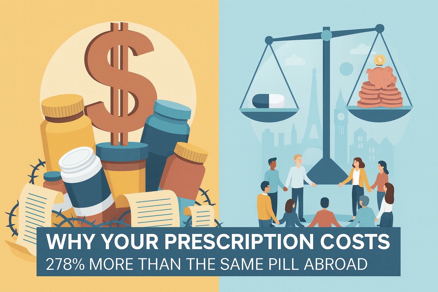 Split-screen editorial illustration comparing U.S. and international prescription drug costs. Left side shows a large brown dollar sign wrapped in barbed wire surrounded by pill bottles and insurance paperwork, symbolizing high U.S. prices. Right side features a balanced scale with a pill and piggy bank, diverse people holding hands in a circle, and international landmarks like the Eiffel Tower and Big Ben, representing fairness abroad. Headline reads: “Why Your Prescription Costs 278% More Than the Same Pill Abroad.”