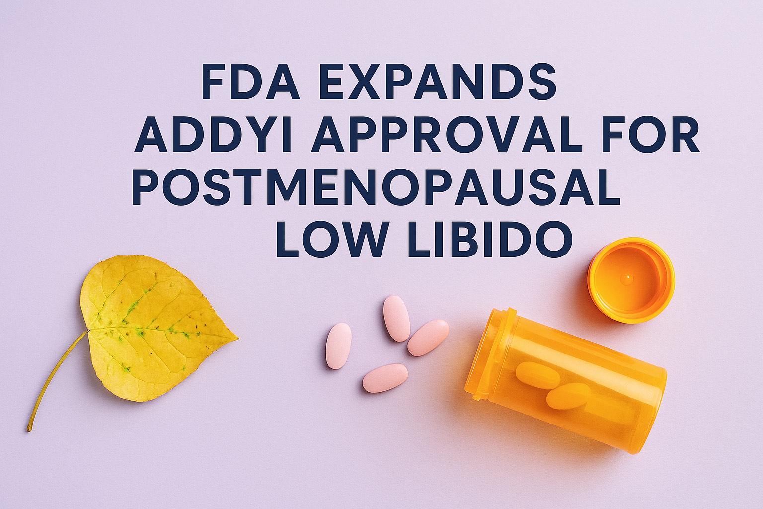 A professional header image with a soft lavender background and large navy headline reading “FDA EXPANDS ADDYI APPROVAL FOR POSTMENOPAUSAL LOW LIBIDO.” To the lower right, an amber pill bottle lies on its side with four pink oval pills scattered nearby. A dried yellow leaf sits left of the bottle. The layout leaves a clear left-center area for overlaid text; overall tone is calm, modern, and non‑sexual.