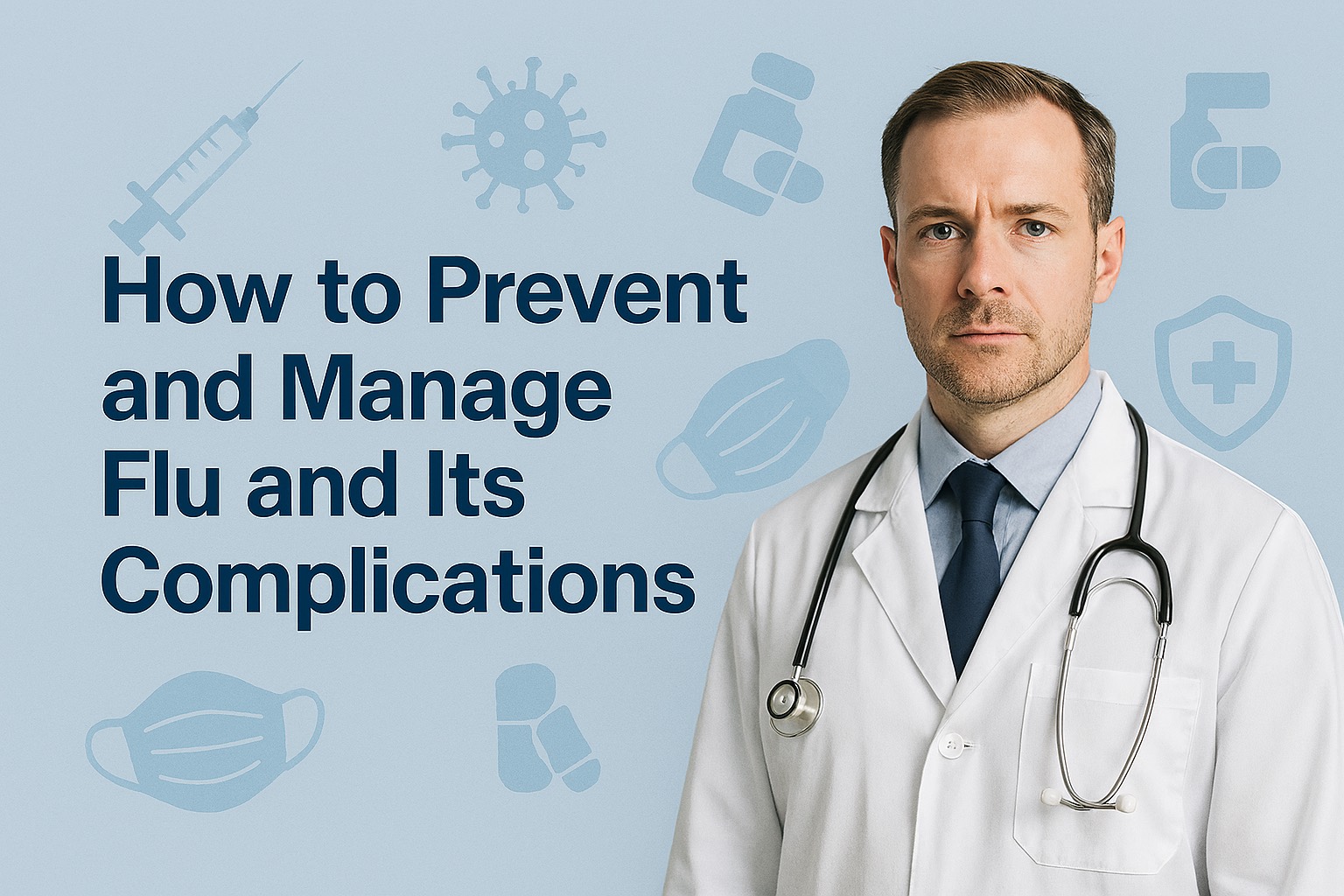 Professional header illustration with a clean light-blue background, bold dark-blue headline text on the left reading “How to Prevent and Manage Flu and Its Complications,” and a doctor in a white coat on the right; subtle medical icons (syringe, virus, mask, pill bottle, shield) appear faintly in the background to reinforce the health topic.