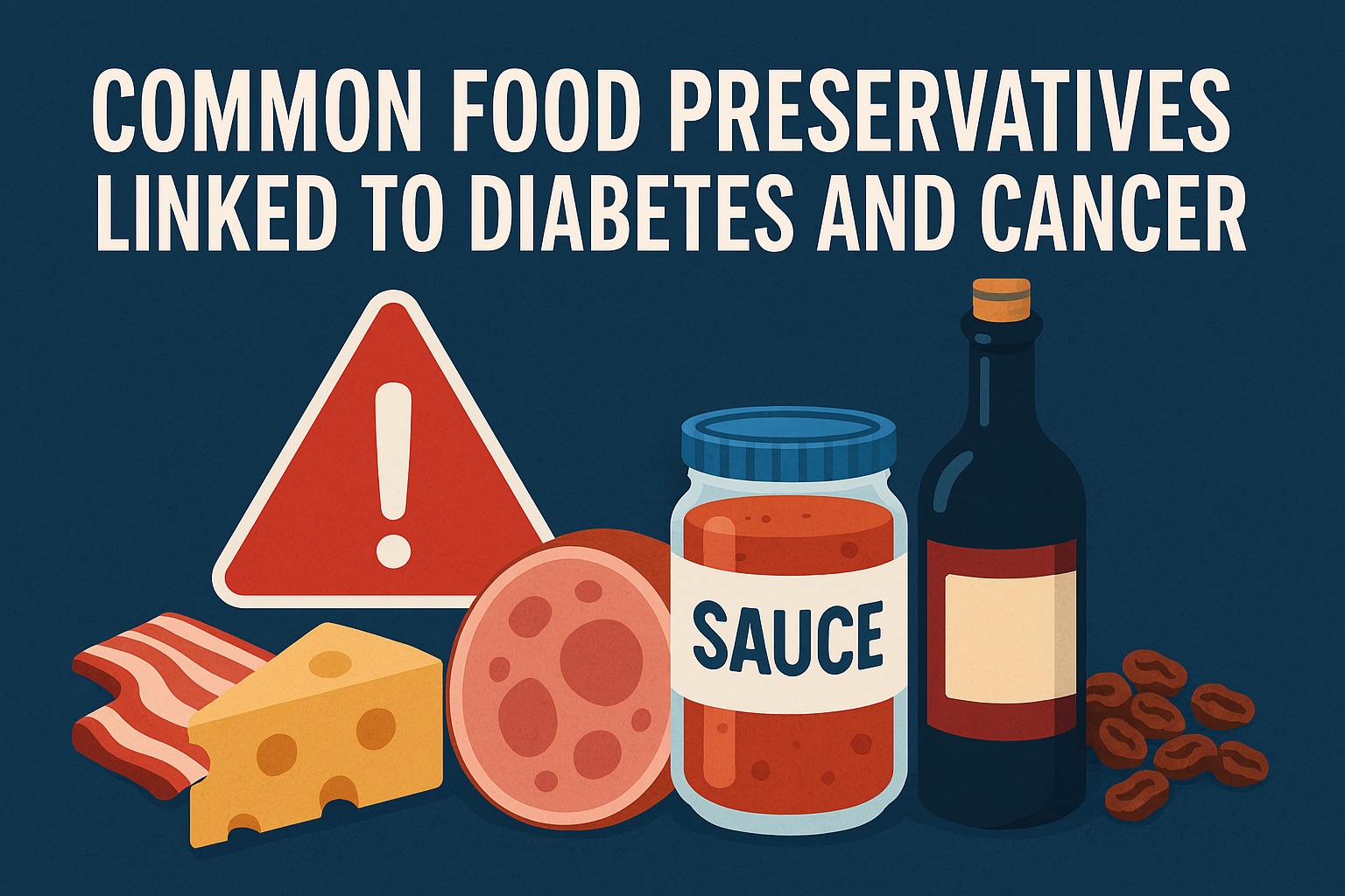 Illustration showing processed foods like bacon, cheese, ham, sauce, wine, and raisins beside a red warning sign, with bold text reading “Common Food Preservatives Linked to Diabetes and Cancer” on a dark blue background.