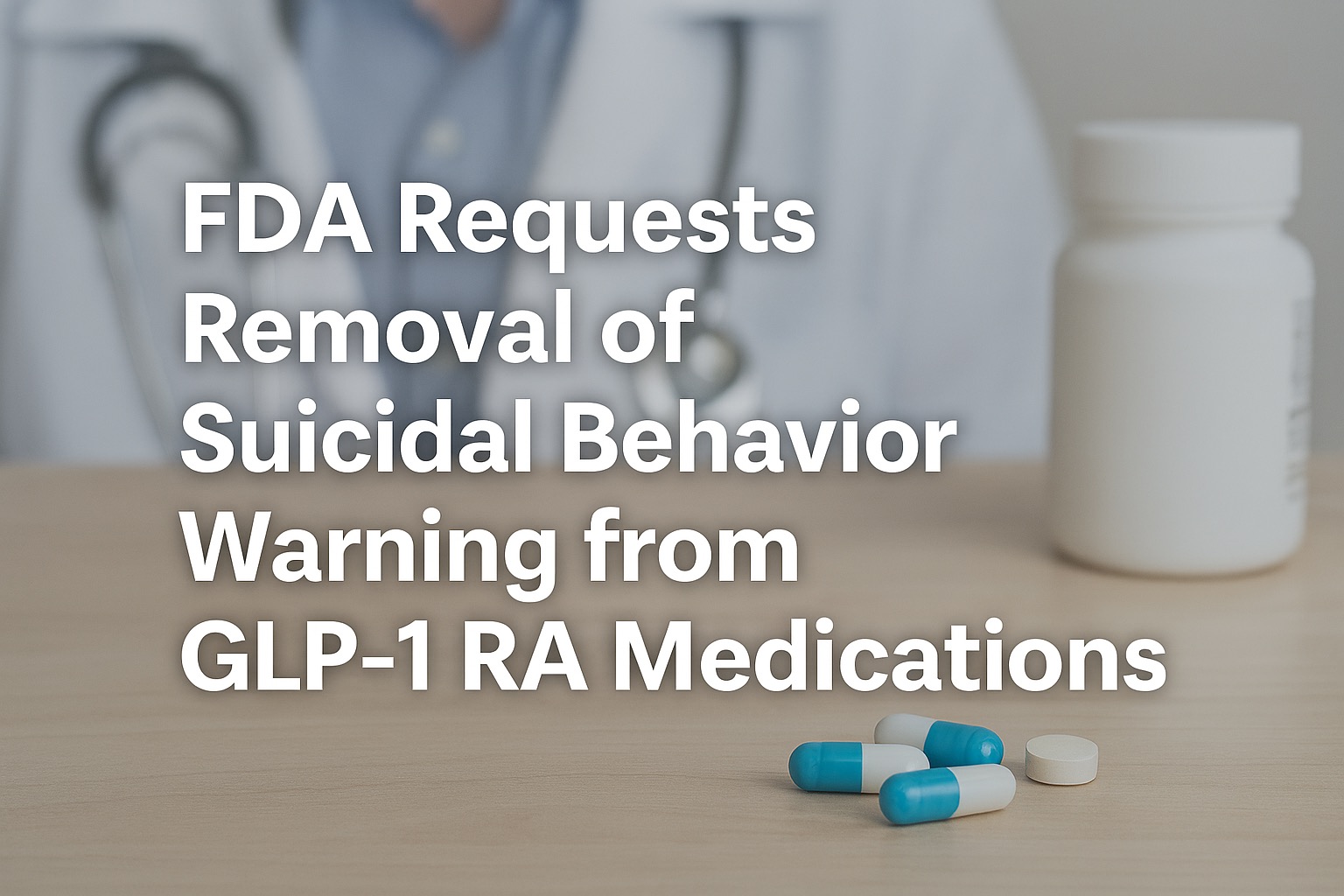 Professional medical header image showing a Wegovy box, GLP-1 injection pen, and blister pack of tablets, with bold headline text reading “FDA Requests Removal of Suicidal Behavior Warning from GLP-1 RA Medications” clearly displayed on a blue overlay.