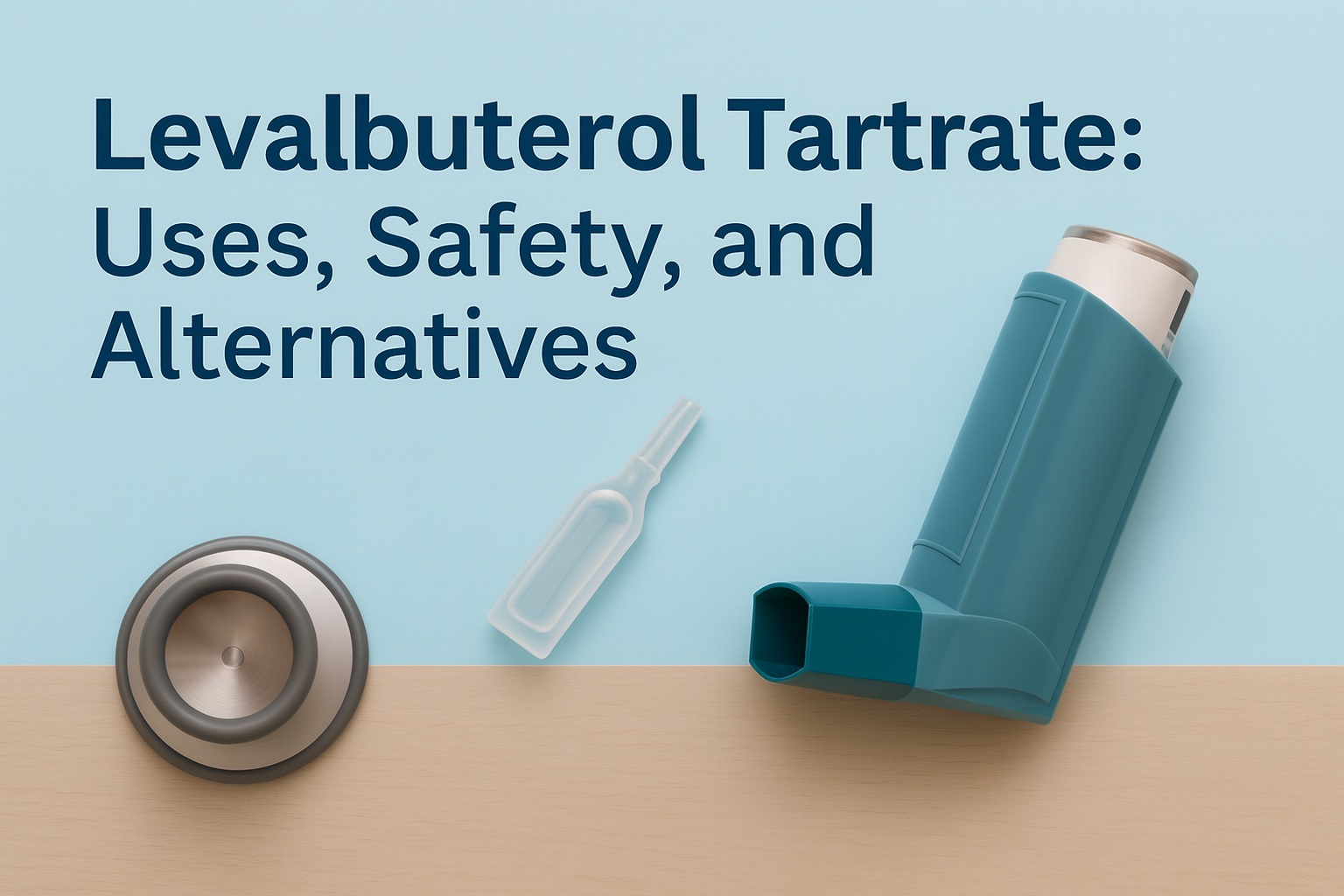 Close-up of a teal inhaler, ampoule, and stethoscope diaphragm on a light blue background with bold title text about levalbuterol tartrate uses, saftey and alternatives.